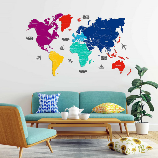 2D Prismatic Wooden World Map For Wall