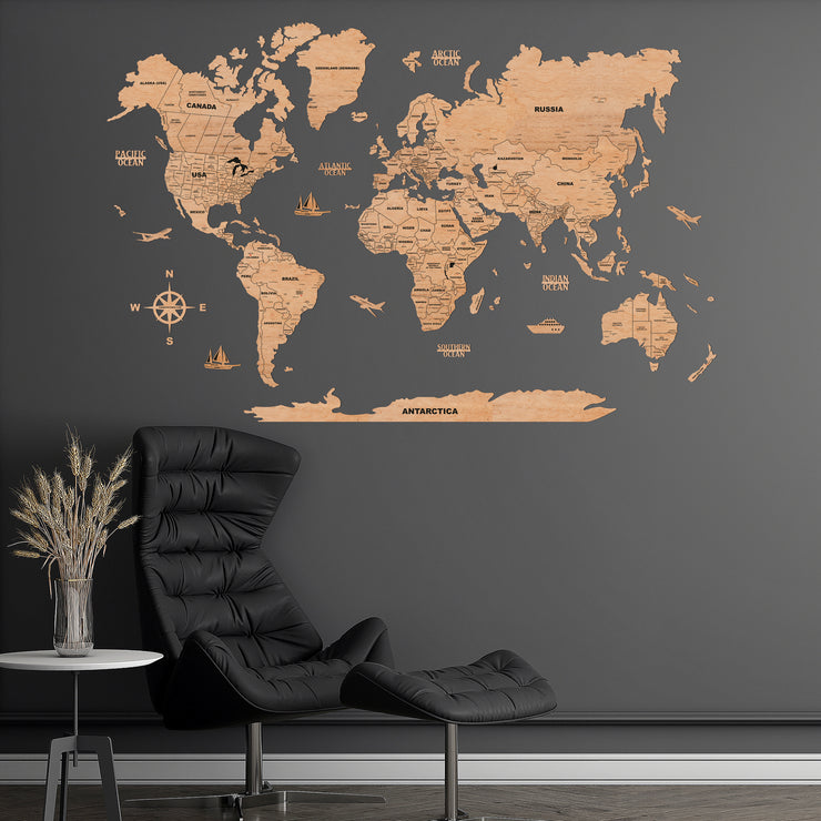 2D Maple Wooden World Map For Wall