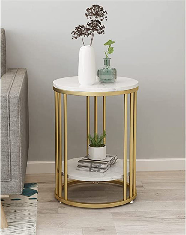 ROUND SHAPE SIDE TABLE IN GOLDEN FINISH WITH DUAL MARBLE