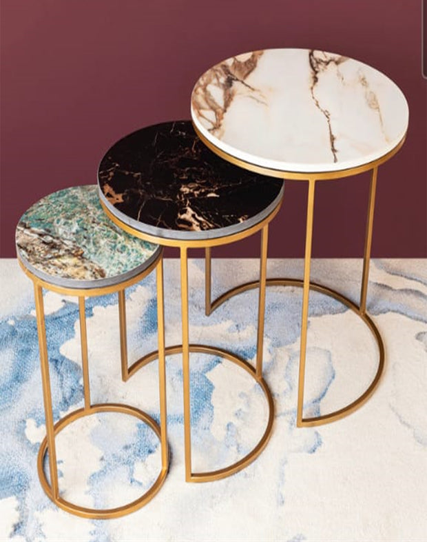 MATT GOLDEN FINISH 3NOS SIDE TABLES WITH MARBLES TOP