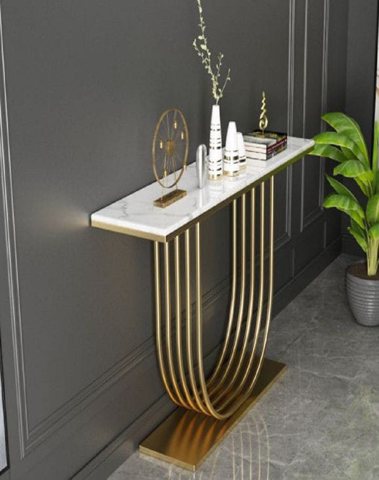 DAINTY GOLDEN FINISH CONSOLE TABLE WITH GLASS TOP