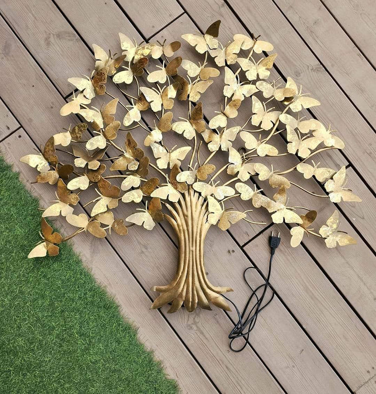 BUTTERFLY-SHAPED LEAVES HANDCRAFTED TREE WALL ART IN GOLD WITH BACKLIGHT