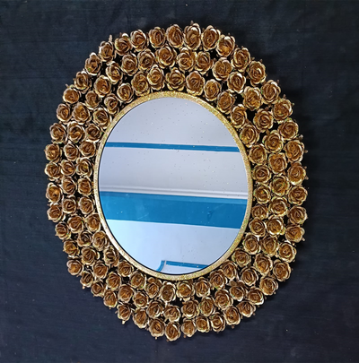 GOLDEN FINISH ROSE FLOWER DESIGN ROUND WALL MIRROR