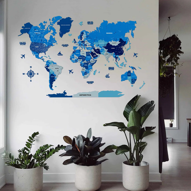 3D Tory Blue Wooden World Map For Wall