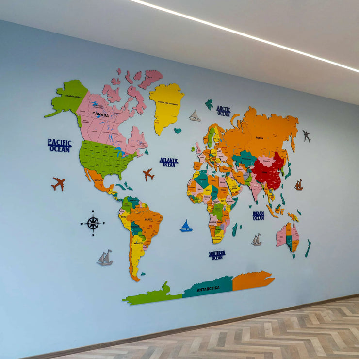 3D Colorful Wooden World Map For Wall