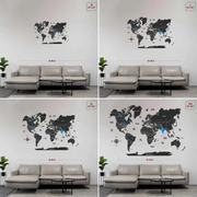 2D Black & Blue Wooden World Map For Wall