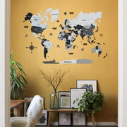 3D Black and Grey Wooden World Map For Wall