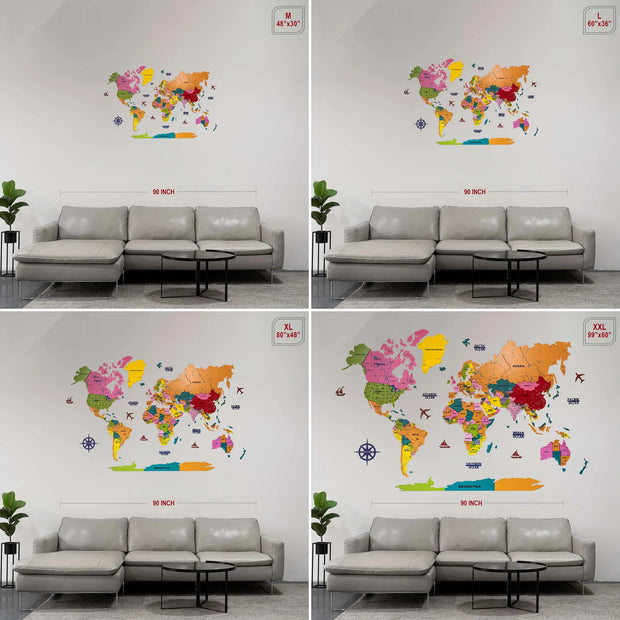 3D Colorful Wooden World Map For Wall
