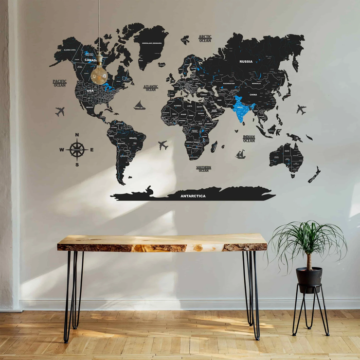 2D Black & Blue Wooden World Map For Wall