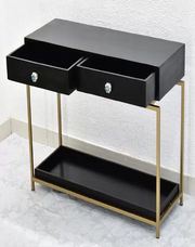 GOLDEN FINISH CONSOLE TABLE WITH 2 WOOD DRAWERS & TRAY AT BOTTOM