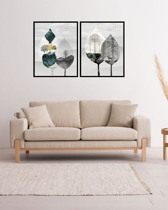 GREEN GOLD METALLIC COLOUR LUXURY WALL ART FRAMES WITH GLASS-SET OF 2