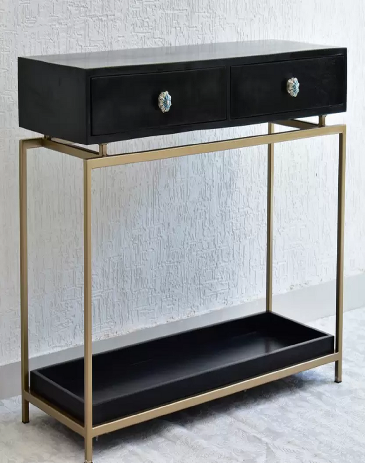 GOLDEN FINISH CONSOLE TABLE WITH 2 WOOD DRAWERS & TRAY AT BOTTOM