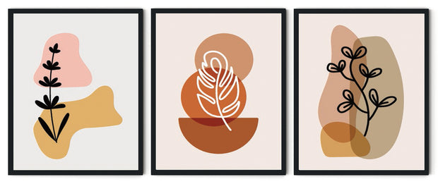 BOTANICAL LEAVES NEUTRAL ABSTRACT WALL ART WITH GLASS-SET OF 3