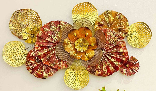 RED IRON FLOWER WITH GOLDEN LEAF FRAME WALL ART