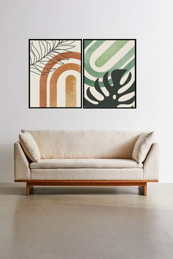 MODERN TROPICAL BOTANICAL LEAF ABSTRACT ART FRAMES WITH GLASS-SET OF 2
