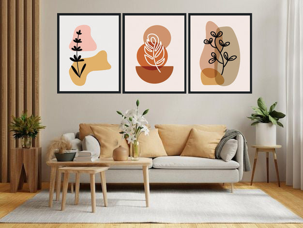 BOTANICAL LEAVES NEUTRAL ABSTRACT WALL ART WITH GLASS-SET OF 3