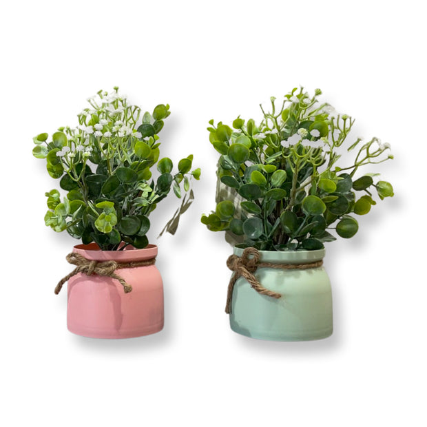 MULTICOLORED  INDOOR PLANTERS WITH ARTIFICIAL LEAVES (SET OF TWO)