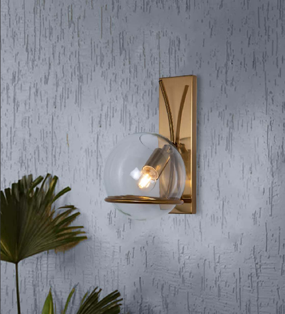 BOWED GOLDEN LUSH BRASS FIXTURE WITH  METAL GLASS GLOBE WALL LAMP