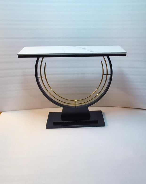 ENTICING BLACK FINISH CONSOLE TABLE WITH BLACK/ WHITE MARBLE TOP