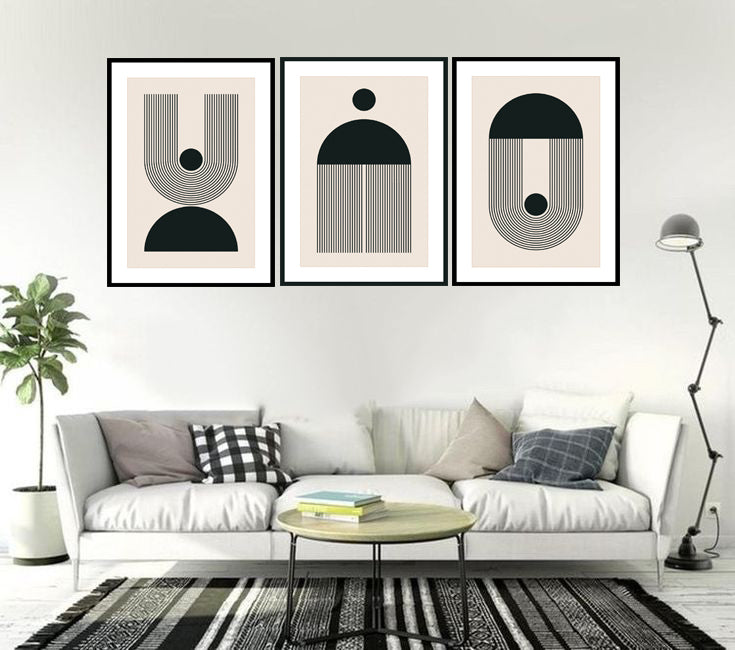 ASCETIC GEOMETRIC PICTURE FRAMES IN BLACK AND WHITE WITH GLASS- SET OF 3