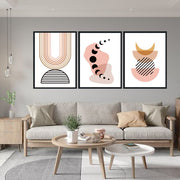 SET OF MINIMALISTIC GEOMETRIC ABSTRACT WALL PAINTINGS WITH GLASS-SET OF 3